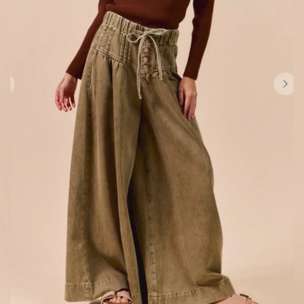 New So Me Wide-Leg Drawstring Pants ~ Olive - Picture 3 of 16
